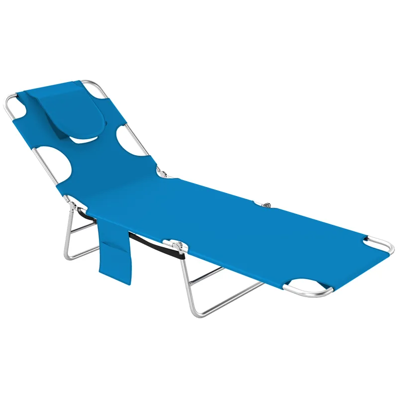 Tanning Chair with Face Hole, 5-Level Adjustable Outdoor Chaise Lounge Chair with Pillow for Beach, Pool, Light Blue