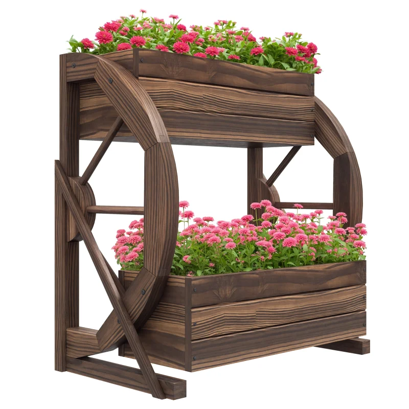 Wooden Wagon Planter Box, 2-Tier Raised Garden Bed, for Vegetables Flowers Herbs, 22" x 13" x 22"
