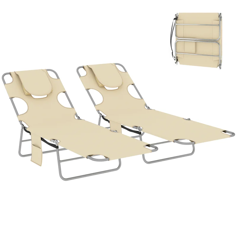 2 Tanning Chairs with Face Hole, 5-Level Adjustable Outdoor Chaise Lounge Chair with Pillow for Beach, Pool, Beige