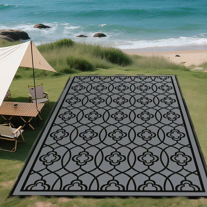 Reversible Outdoor Rug, Waterproof Plastic Straw with Carry Bag, 9' x 18', Black & Gray Lantern