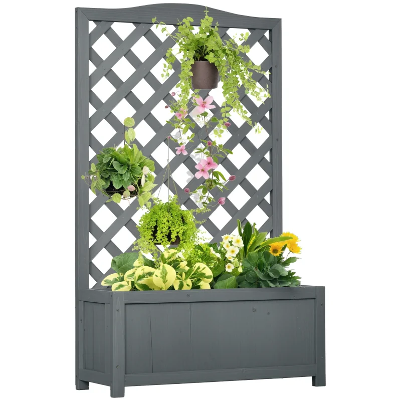 46" Wooden Planter with Trellis, Raised Garden Bed to Grow Vegetables, Herbs, Flowers for Backyard, Patio, Gray