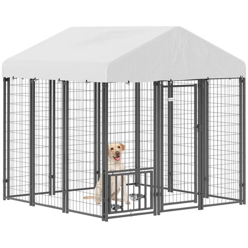 5.9' x 5.9' x 6' Outdoor Dog Kennel with Roof, Rotating & 4-Level Adjustable Bowls
