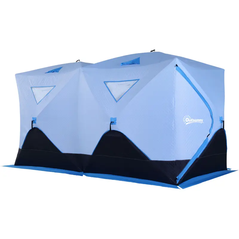 8 Person Ice Fishing Shelter, Pop-Up Ice Shanty Tent, Insulated Portable Tent with 2 Doors & Carrying Bag, Light Blue