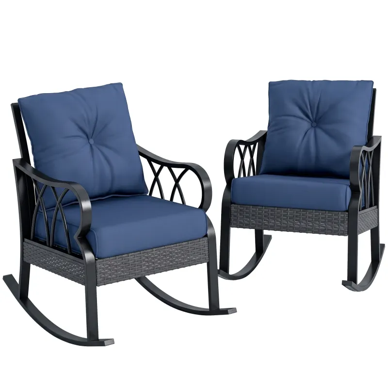 2 Piece Outdoor Wicker Rocking Chairs Rattan Porch Rockers with Cushions, Aluminum Frame for Garden, Patio, Blue