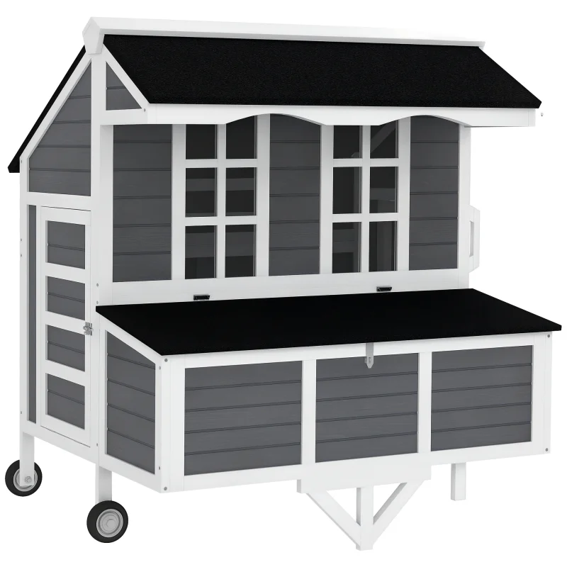43" Chicken Coop with Wheels, Chicken Tractor with Nesting Box, Windows, Pull-out Tray, Perches, for 2-4 Hens, Gray