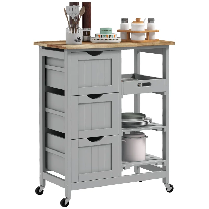 Rolling Kitchen Cart, Kitchen Island with Wood Top, Shelves & Drawers for Dining Area, Gray