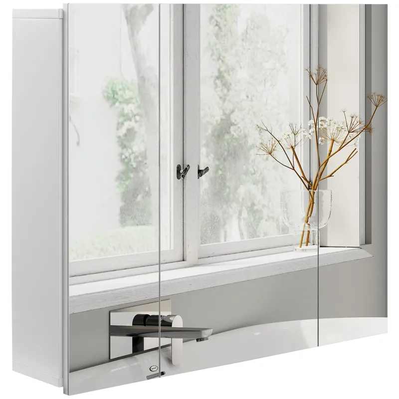 Wall Mounted Mirror Cabinet, Bathroom Medicine Cabinet with Mirror, 3 Doors and Adjustable Shelves, White