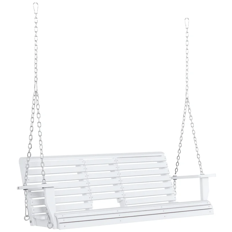 3-Seater Wooden Porch Swing, Patio Swing Bench with Folding Coffee Table, Cup Holders and Chains Included, 440lbs Weight Capacity, White