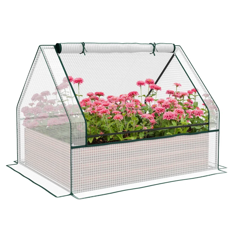Raised Garden Bed, Outdoor Metal Planter Box with Mini Greenhouse, White and Brown