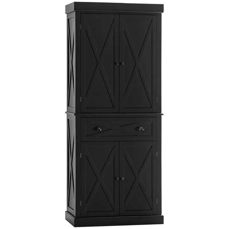 72" Kitchen Pantry Storage Cabinet, Traditional Freestanding Pantry Cabinet with 4 Doors and 2 Adjustable Shelves, Black