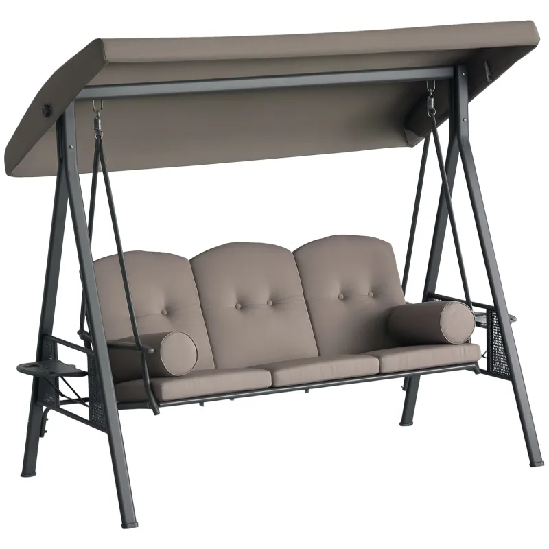 3-Seat Patio Swing Chair, Outdoor Porch Swing Glider with Adjustable Canopy, Removable Cushion, Brown