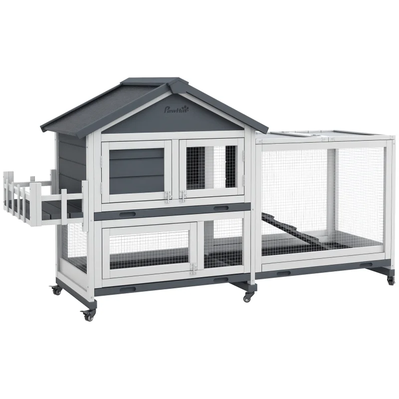 65" Wooden Rabbit Hutch, Pet Playpen with Openable Roof & Storage Box for Rabbits and Small Animals, Gray