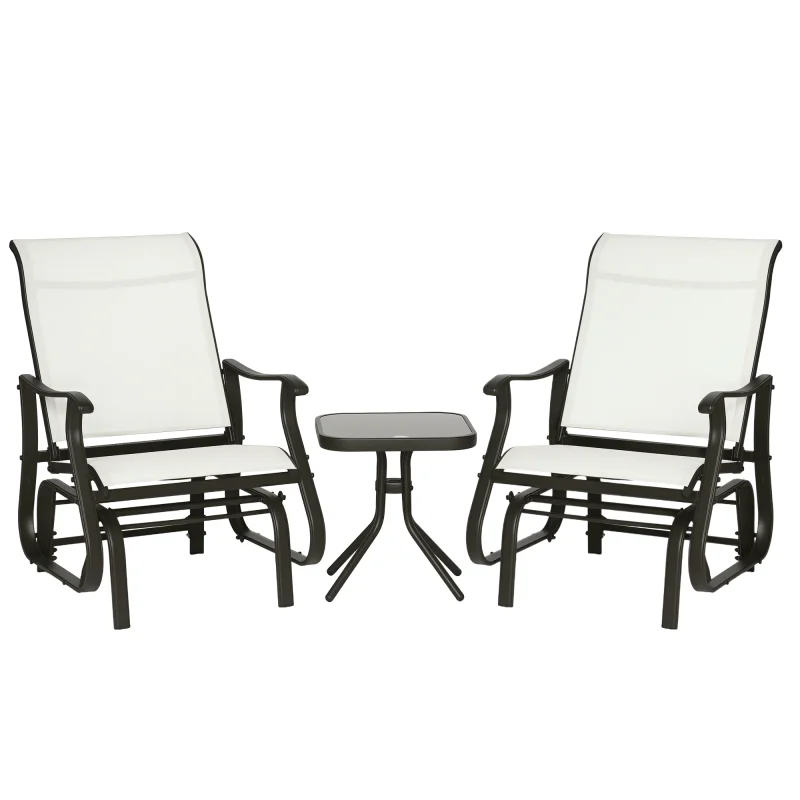 3-Piece Outdoor Gliders Set Bistro Set with Steel Frame, Tempered Glass Top Table for Patio, Garden, Backyard, Lawn, Cream White