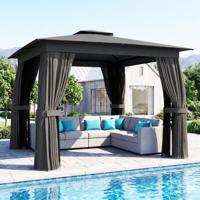 10' x 10' Outdoor Patio Gazebo, Soft Top Gazebo Canopy Shelter with Curtains, Netting, Steel Frame, Hook, Dark Gray