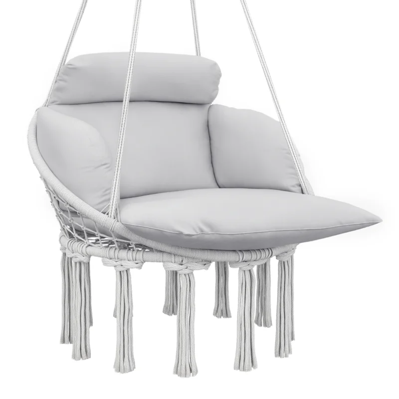 Hammock Swing Chair, Macrame Hanging Chair with Large Cushion, Chain, Steel Frame for Indoor Outdoor Use, Gray