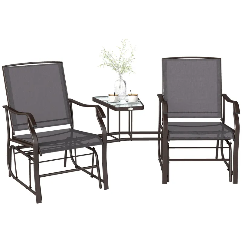 Outdoor Glider Chairs with Coffee Table, Patio 2-Seat Rocking Chair Swing Loveseat with Breathable Sling for Backyard, Garden, and Porch, Gray