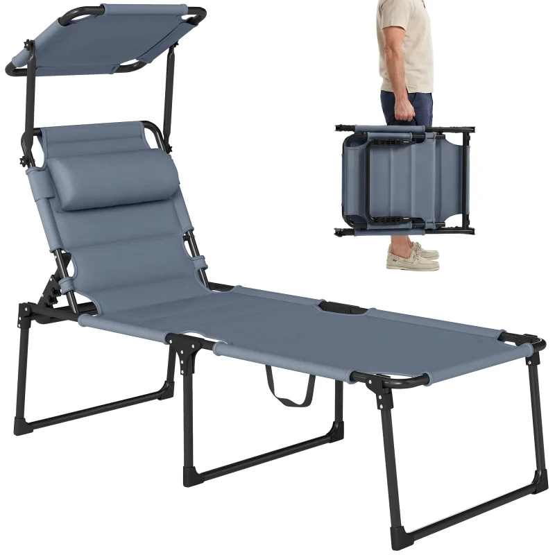 Outdoor Lounge Chair, 4 Position Adjustable Backrest, Folding, Cushioned w/ Sun Shade Roof & Pillow, Gray