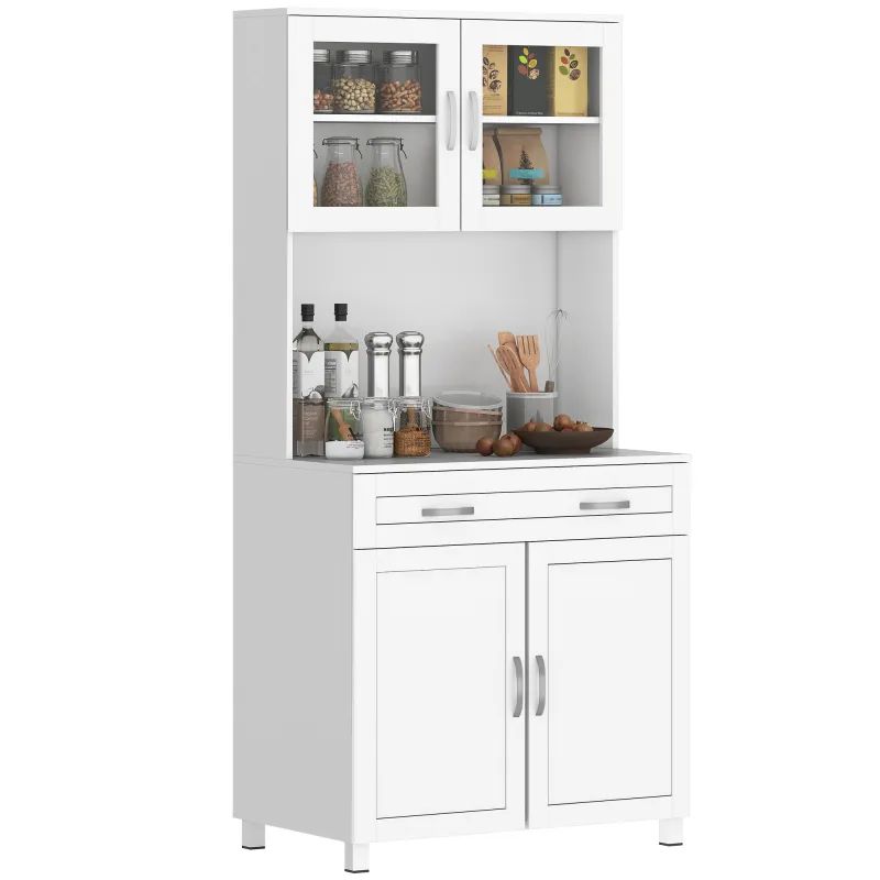67" Buffet with Hutch, Modern Kitchen Pantry, Freestanding Cabinet with Glass Doors, Shelves and Drawers, White