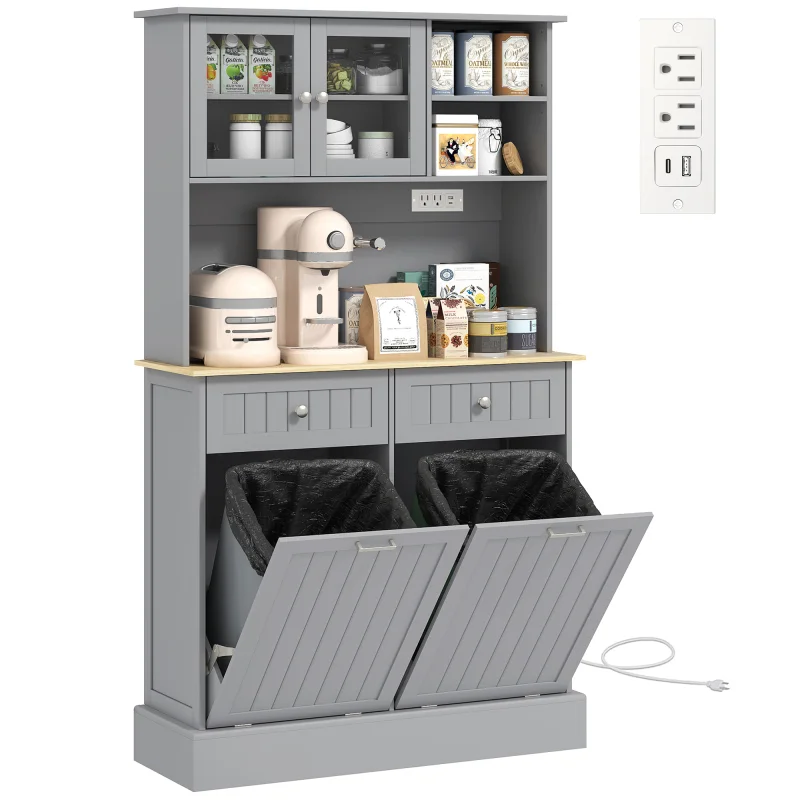 Kitchen Cabinet with Charging Station, 2 Tilt Out Cabinets, Microwave Stand, Freestanding Kitchen Pantry Cabinet, Gray