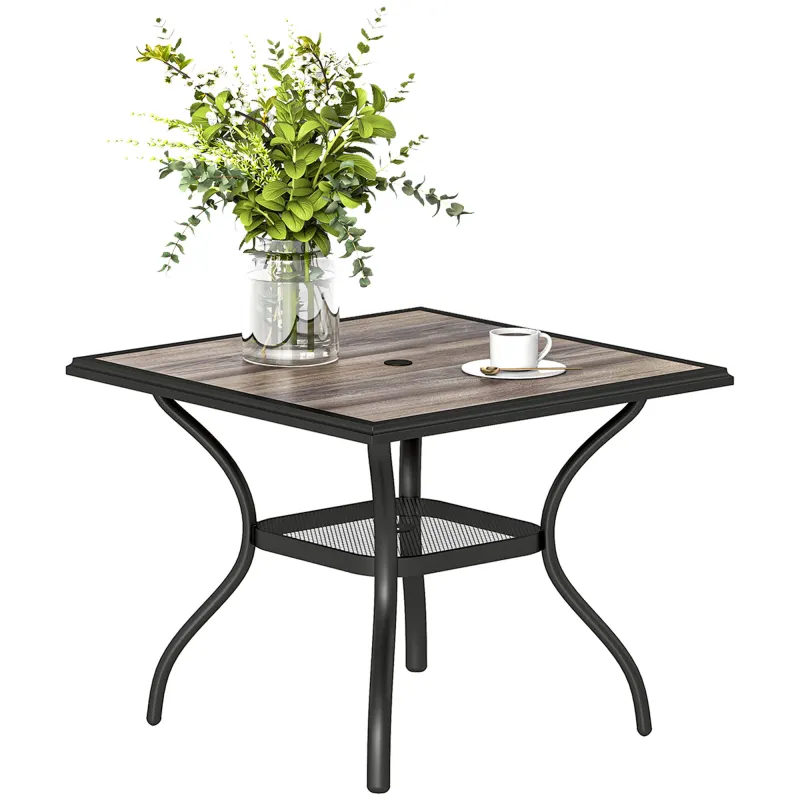 37" Square Outdoor Dining Table for 4, Patio Table with Umbrella Hole, Shelf, Faux Wood Top for Garden, Backyard, Gray