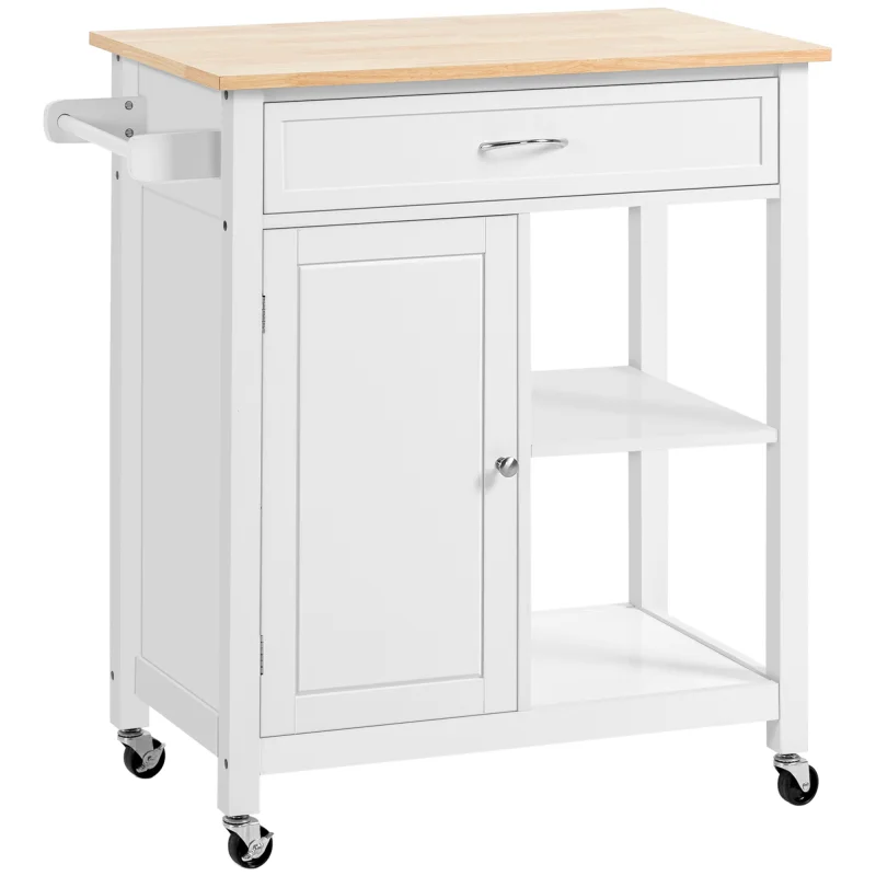 Kitchen Island Cart, Rolling Kitchen Island with Storage Shelf, Solid Wood Top, Drawer, for Dining Room, White