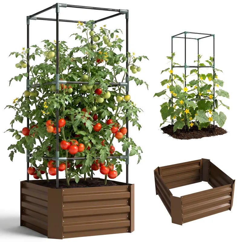 Galvanized Planter Box, 24" x 24" x 55" Raised Garden Bed with Tomato Cage for Climbing Vines, Brown