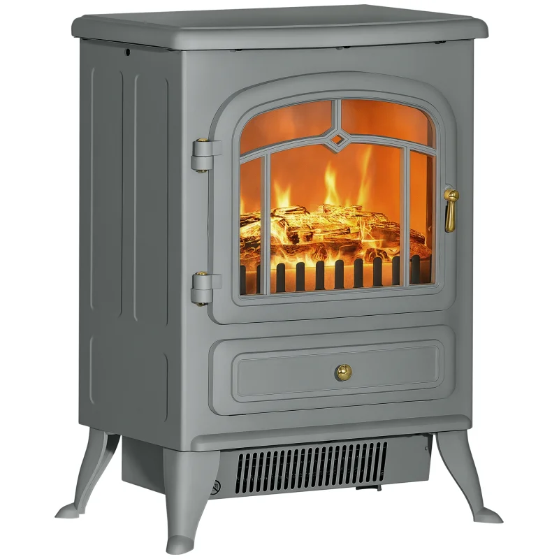 Fireplace Stove, Electric Fireplace Heater with Realistic LED Flames and Logs, 725W/1450W, Gray