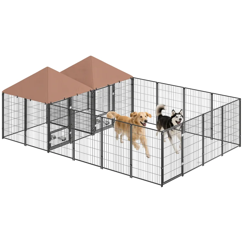 Large Outdoor Dog Kennel with 2 Rooms, Rotating & Adjustable Height Bowls, 13.5' x 9.4' x 5.1'