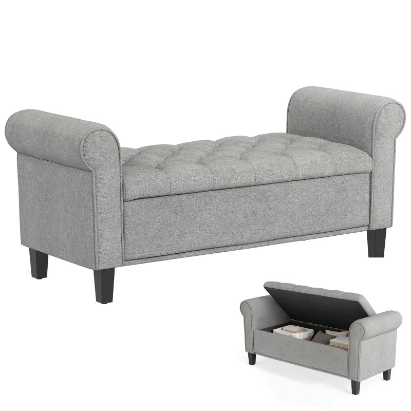 50 Inches Storage Ottoman, End of Bed Bench with Rolled Arms, Wood Legs, Button Tufted Storage Bench, Gray