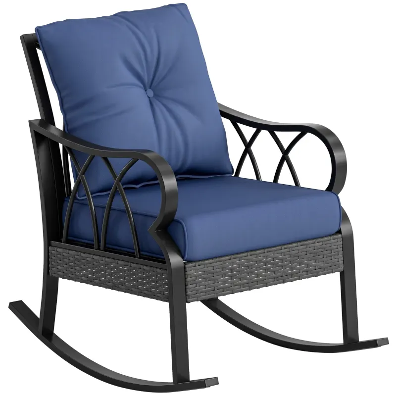 Outdoor Wicker Rocking Chair with Padded Cushions, Aluminum Furniture, Rattan Porch Rocker Chair w/ Armrest, Navy Blue