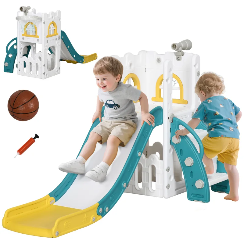 5 in 1 Toddler Slide with Basketball Hoop, Climber, Telescope & Storage Baskets for 1-3 Years Olds, Yellow