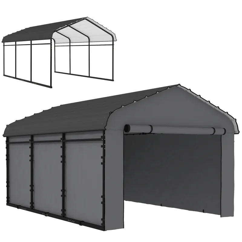 10' x 15' Metal Carport, Heavy Duty Garage Car Canopy with Galvanized Metal Roof and Removable Sidewalls, Dark Gray