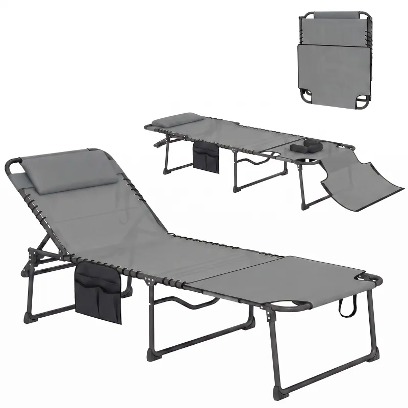 Folding Chaise Tanning Lounge Chair w/ 5-level Reclining Back, Reading Hole, Side Pocket, Headrest, Gray