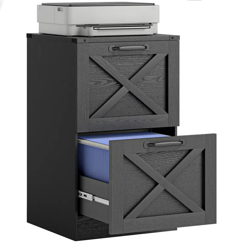 Vertical Storage Drawers Farmhouse X Pattern Printer Stand Fits Letter Files 2 Drawers Black