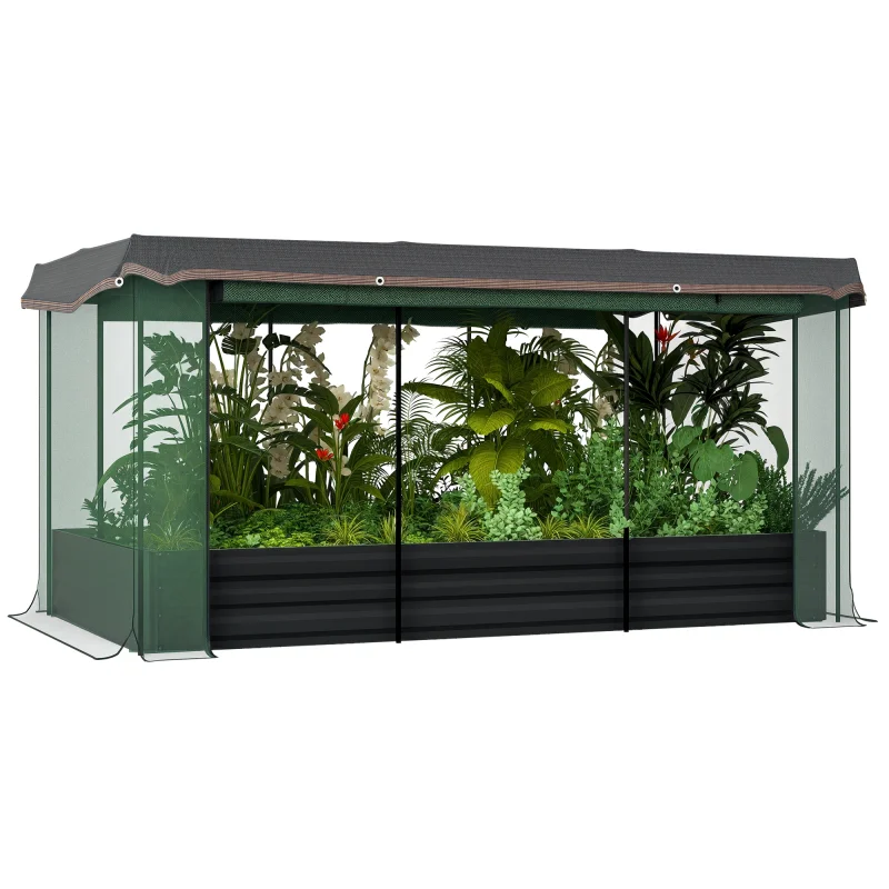 Galvanized Steel Planter Box with Crop Cage and Shade Cloth, Raised Garden Bed for Flowers, Veggies and Herbs, Gray