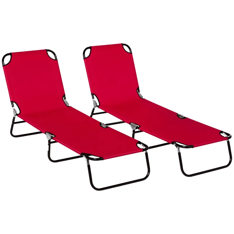 2 Piece Folding Chaise Lounge Pool Chairs, Outdoor Sun Tanning Chairs with 5-Level Reclining Back, Steel Frame, Red