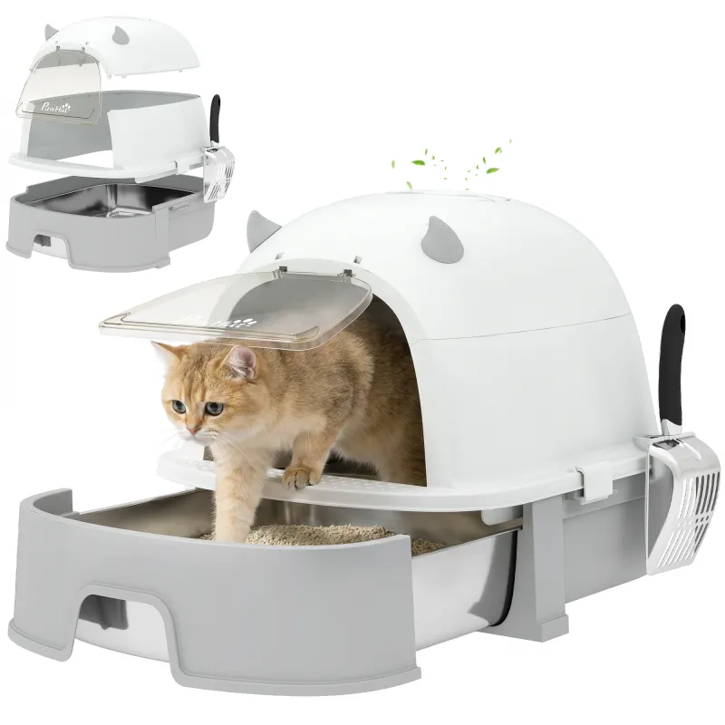 Stainless Steel Cat Litter Box Easy to Clean Kitty Litter Box with Slide-Out Tray Large Gray