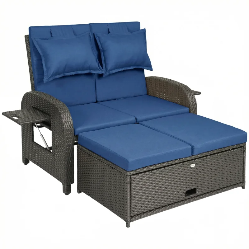 Patio Rattan Daybed, Wicker Outdoor Daybed with Storage Ottoman, Loveseat w/ Adjustable Backrest, Navy Blue