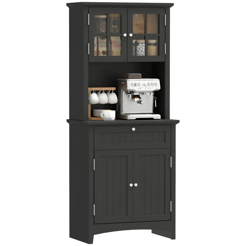 Elegant Buffet with Hutch, Kitchen Pantry Storage Cabinet with Framed Glass Door Drawer and Microwave Space, Black