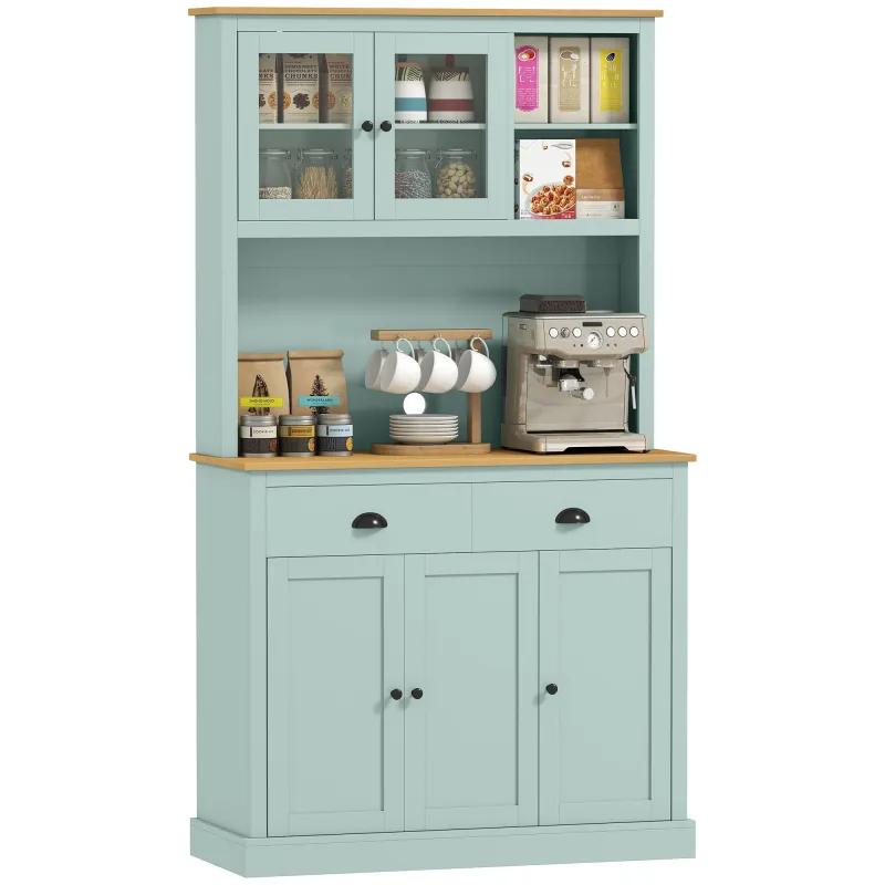 Kitchen Pantry Storage Cabinet with Microwave Stand, 71" Modern Kitchen Hutch with Open Countertop, Light Green