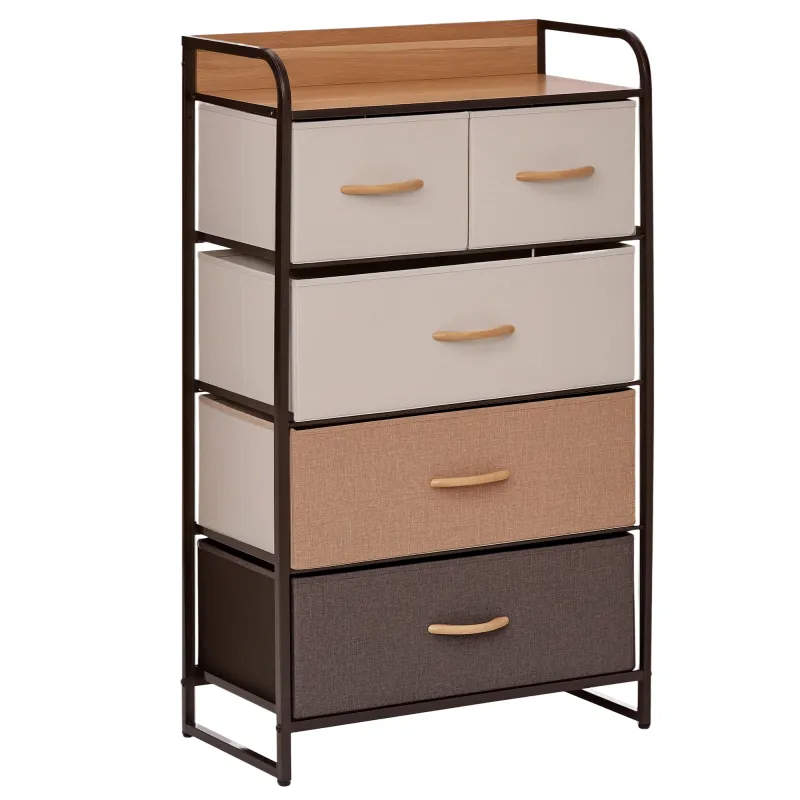 5-Drawer Fabric Dresser Tower, 4-Tier Storage Organizer with Steel Frame for Hallway, Bedroom, and Closet, Maple Wood
