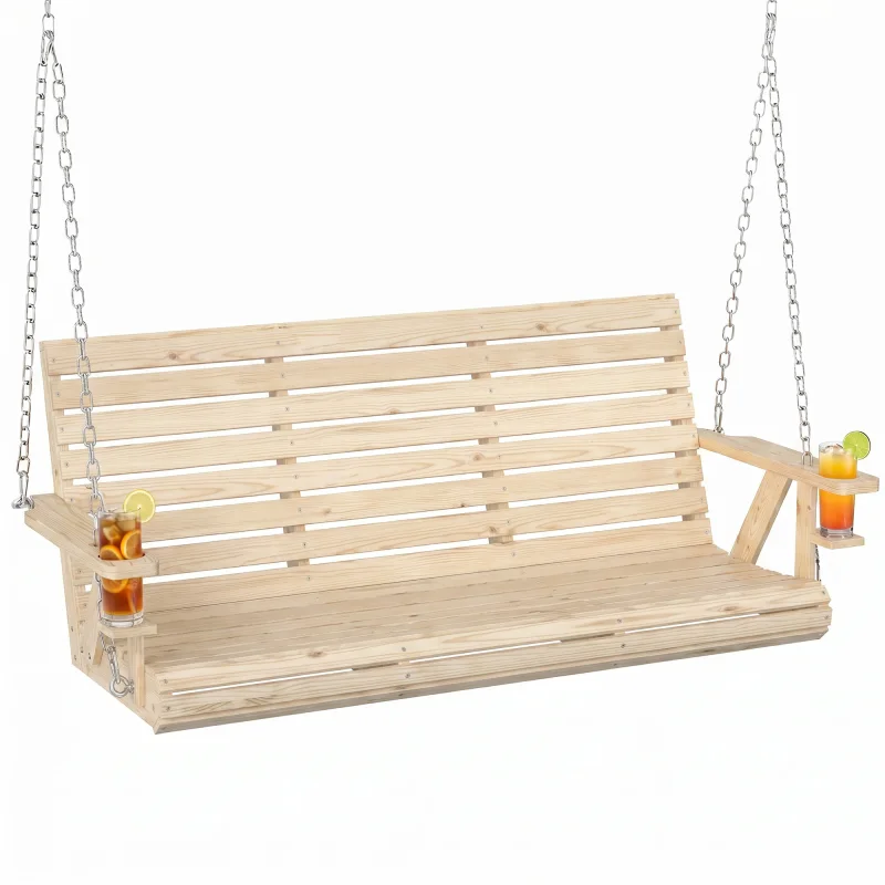 3-Seater Swing Bench, Wooden Porch Swing with Cupholders, Hanging Chains for Patio Garden, Nature Wood