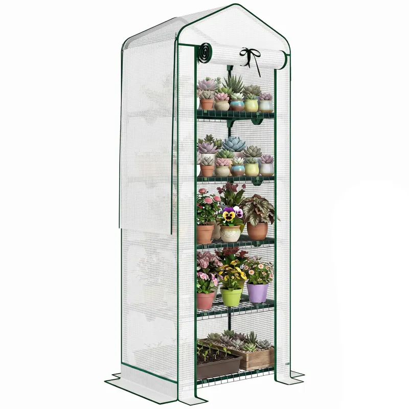 Mini Greenhouse with Screen Roof, 5 Tier Portable Small Greenhouse with High Strength PE Cover, White
