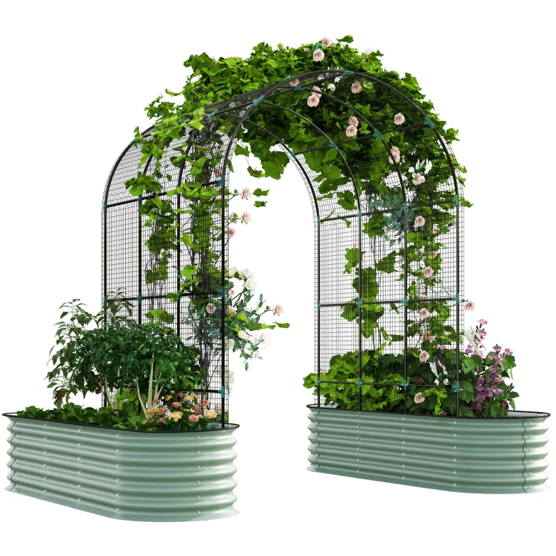 Raised Garden Beds Set with Arch Trellis, Climbing Net, Galvanized Planter Box for Climbing Vegetables Flowers Herbs
