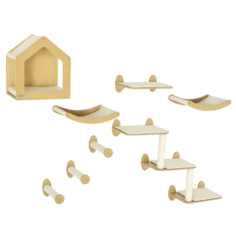 8PCs Cat Wall Shelves Pet Wall-mounted Climbing Shelf Set with Cushion Condo Scratching Posts Hammock Oak