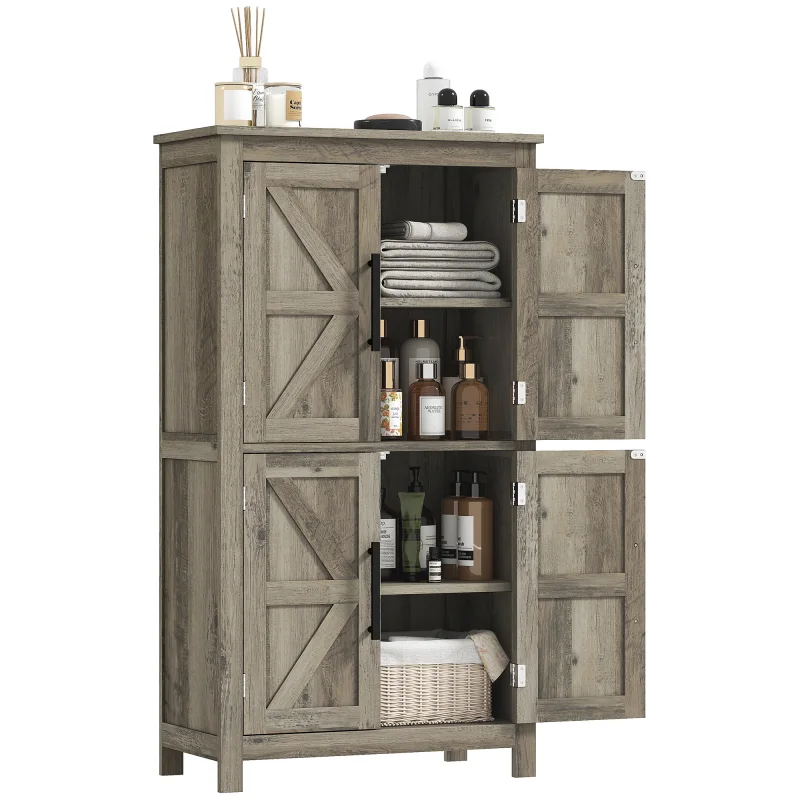 Bathroom Floor Storage Cabinet, Farmhouse Bathroom Cabinet with 4 Doors and Adjustable Shelf, Light Gray