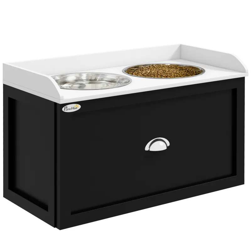 Pet Feeding Station Pet Dish Bowl Set with Storage, 2 Elevated Dog Bowls for Large Sized Dogs, White and Black
