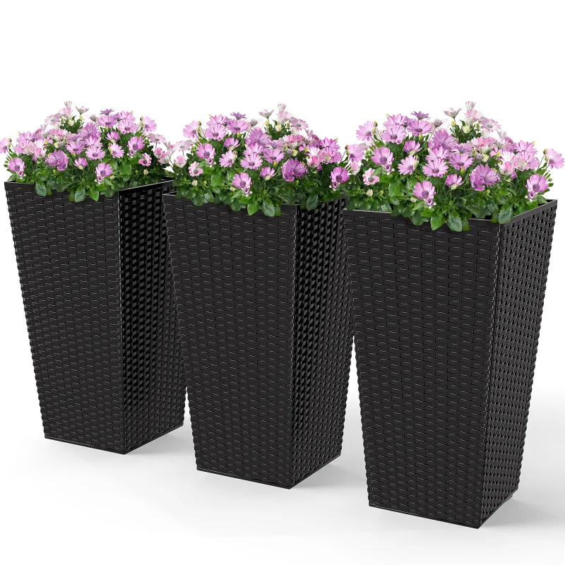 Tall Planters for Outdoor Plants Set of 3, 24 In Taper Planters with Drainage Holes, Rattan Decor Plant Pots for Indoor Outdoor Front Porch Patio Backyard, Black