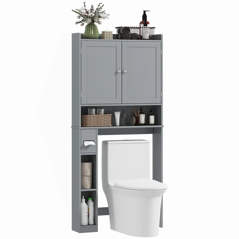 Modern Over the Toilet Storage Cabinet with 2 Doors, Above Commode Storage Cabinet with Toilet Paper Holder, Gray
