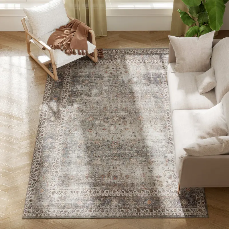 Machine Washable Area Rug 5x7, Non-Slip Traditional Floor Cover Foldable Carpet for Living Room, Dark Mixed-Brown